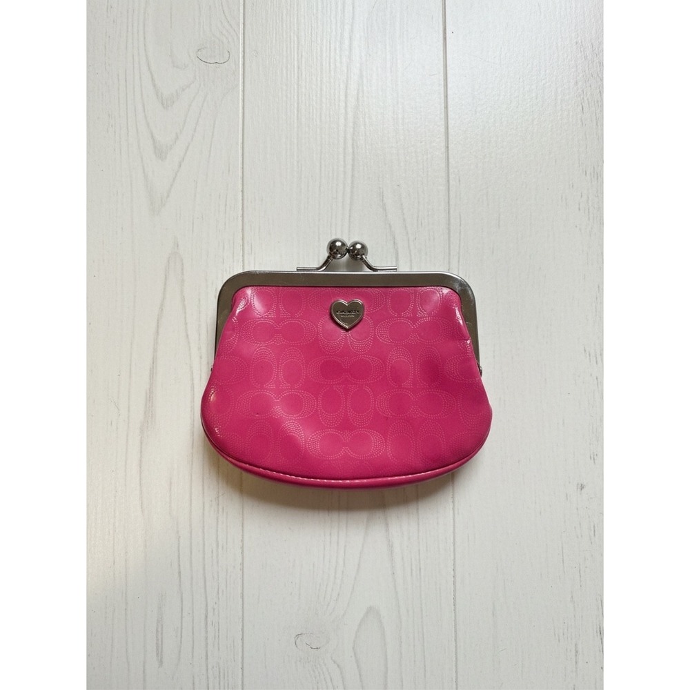 Coach Pink Patent Signature C Kisslock Coin Purse Wallet Heart Logo Y2K